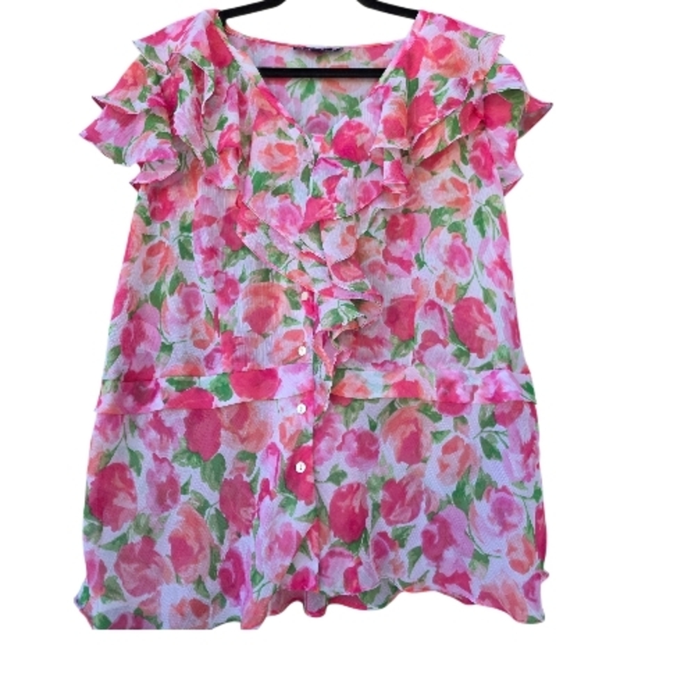 Jones New York Womens Top White Pink Floral Blouse Cap Sleeve Shirt 1X P2P 23"